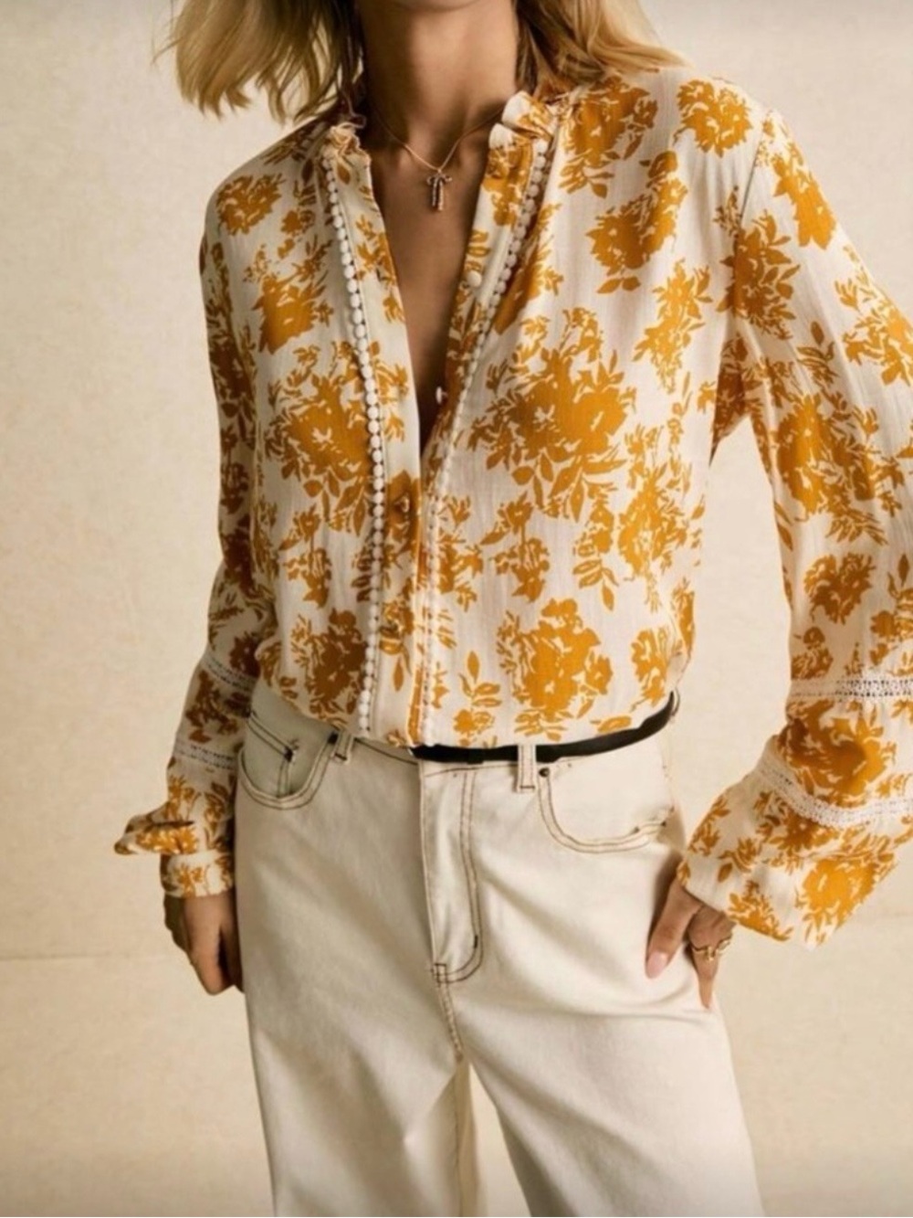 Womens Floral Button-Front Blouse in Mustard Yellow